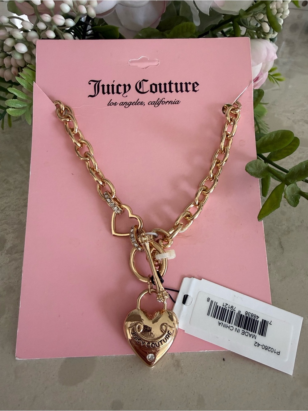 NWT Juicy Couture Gold Tone Chunky Chain Heart Lock Toggle Charm Necklace Y2K